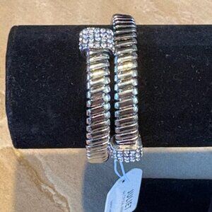 NWT Juliet Silver Tone Tubogas Bypass Bangle Cuff Bracelet with Crystal Endcaps
